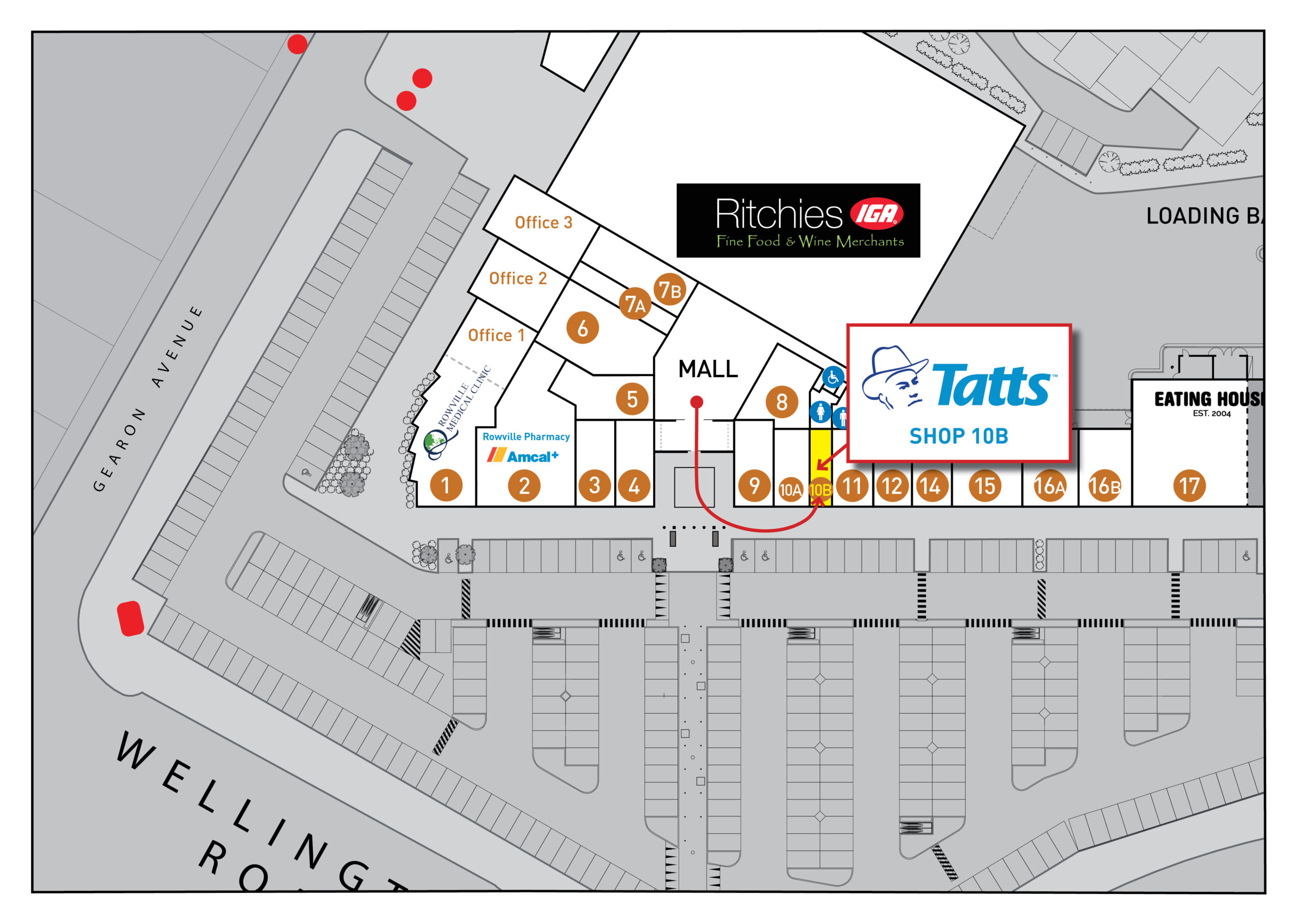 Map with directions from Centre mall to new Tatts shop