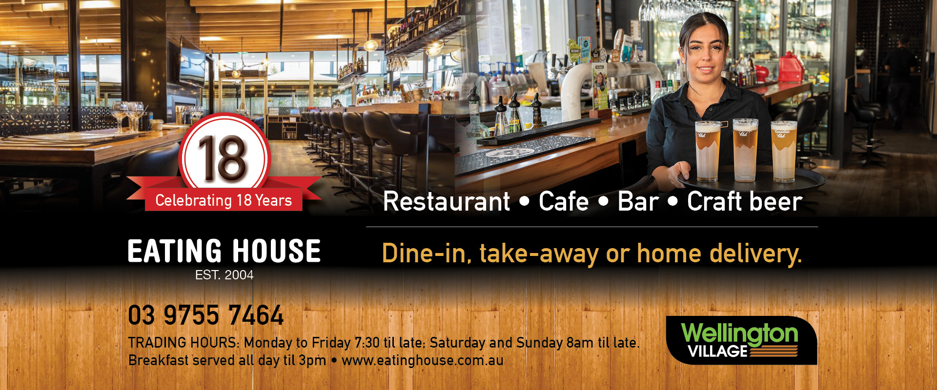 Ad for Easting House restaurant, cafe, bar, craft beer - ph 97557464