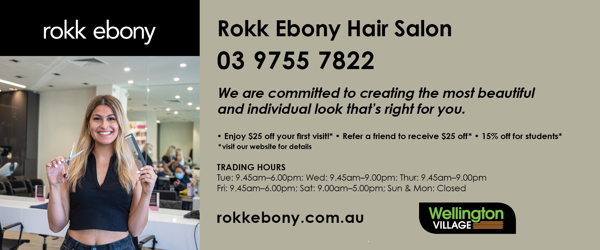 ad for Rokk Ebony Hair Salon 03 9755 7822