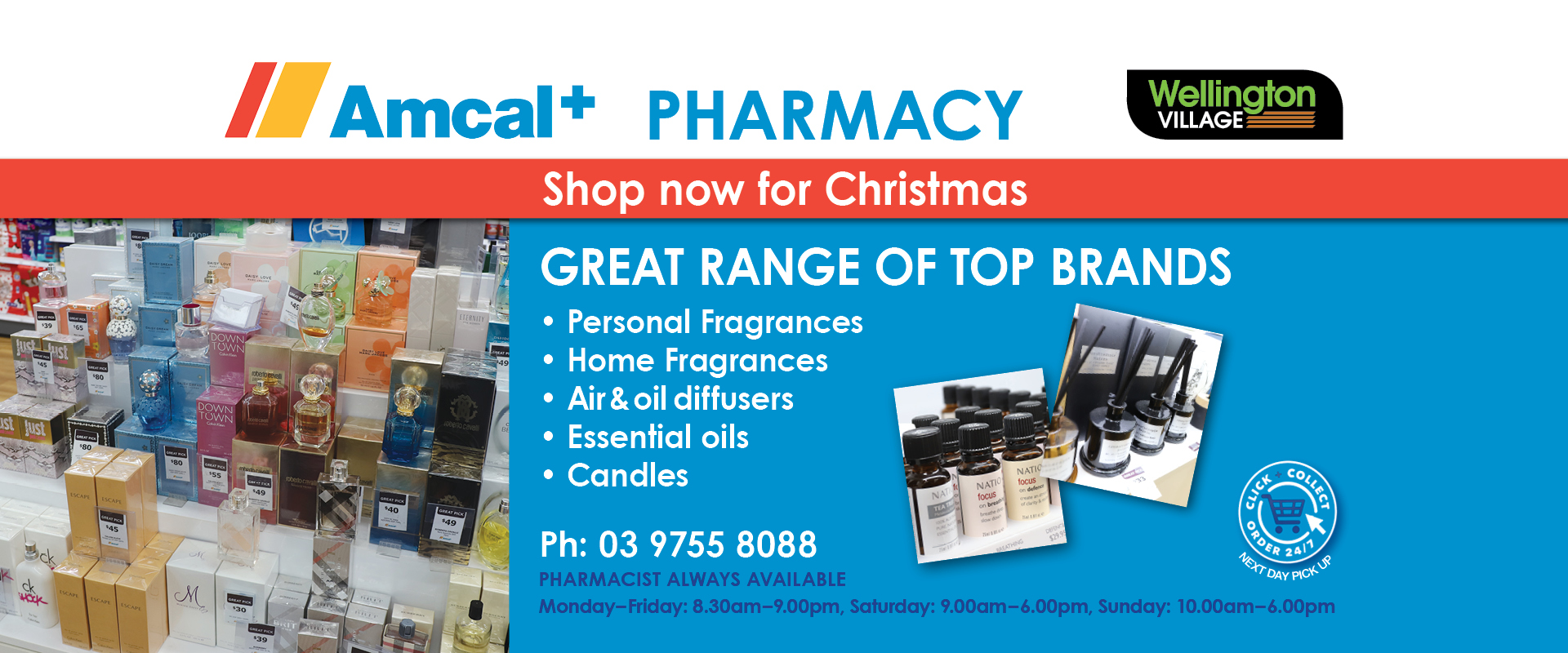 Ad for Amcal+ Pharmacy 03 9755 8088 shop now for Christmas