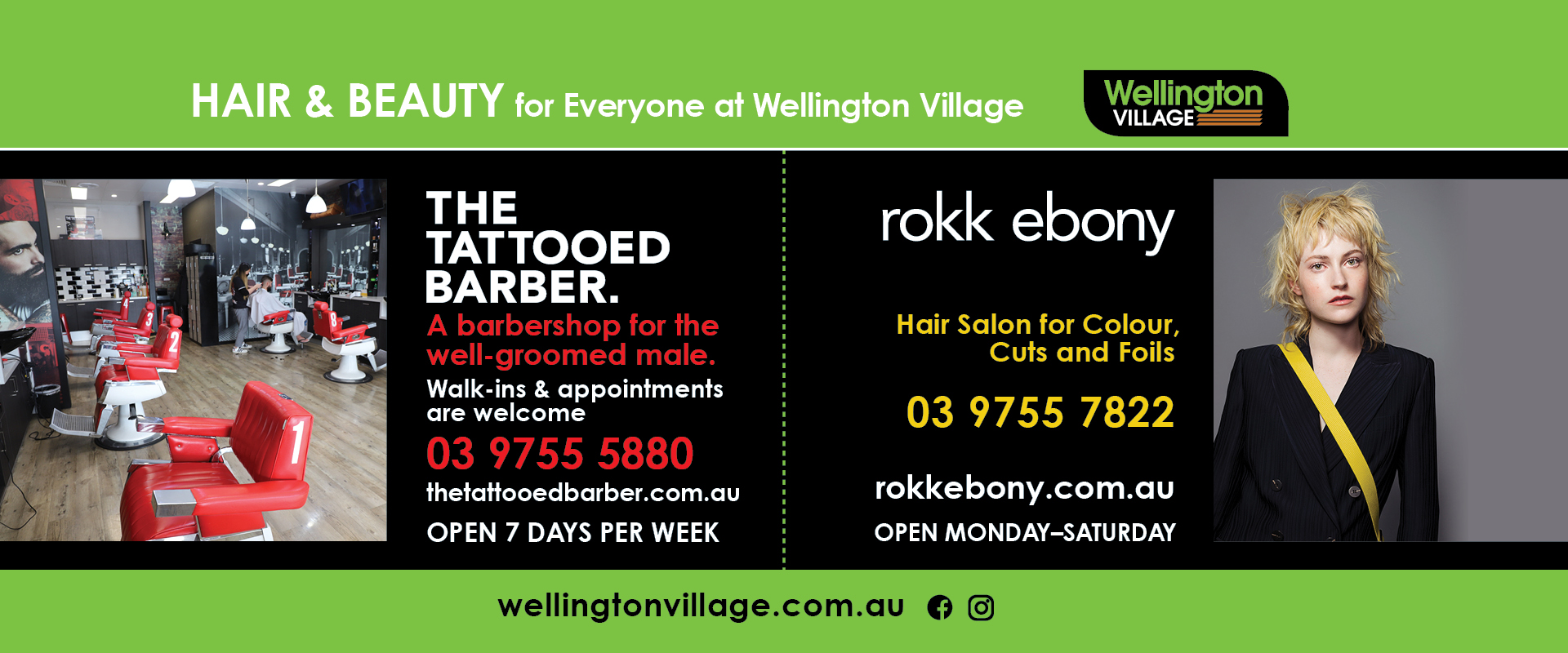 Promotion for Rokk ebony har salon and the Tattooed Barber at wellington village