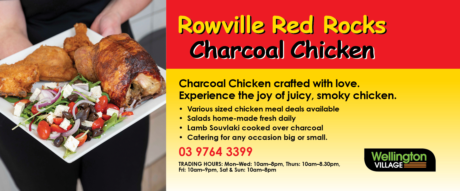 Ad for Red Rocks Charcoal Chicken call 03 9764 3399