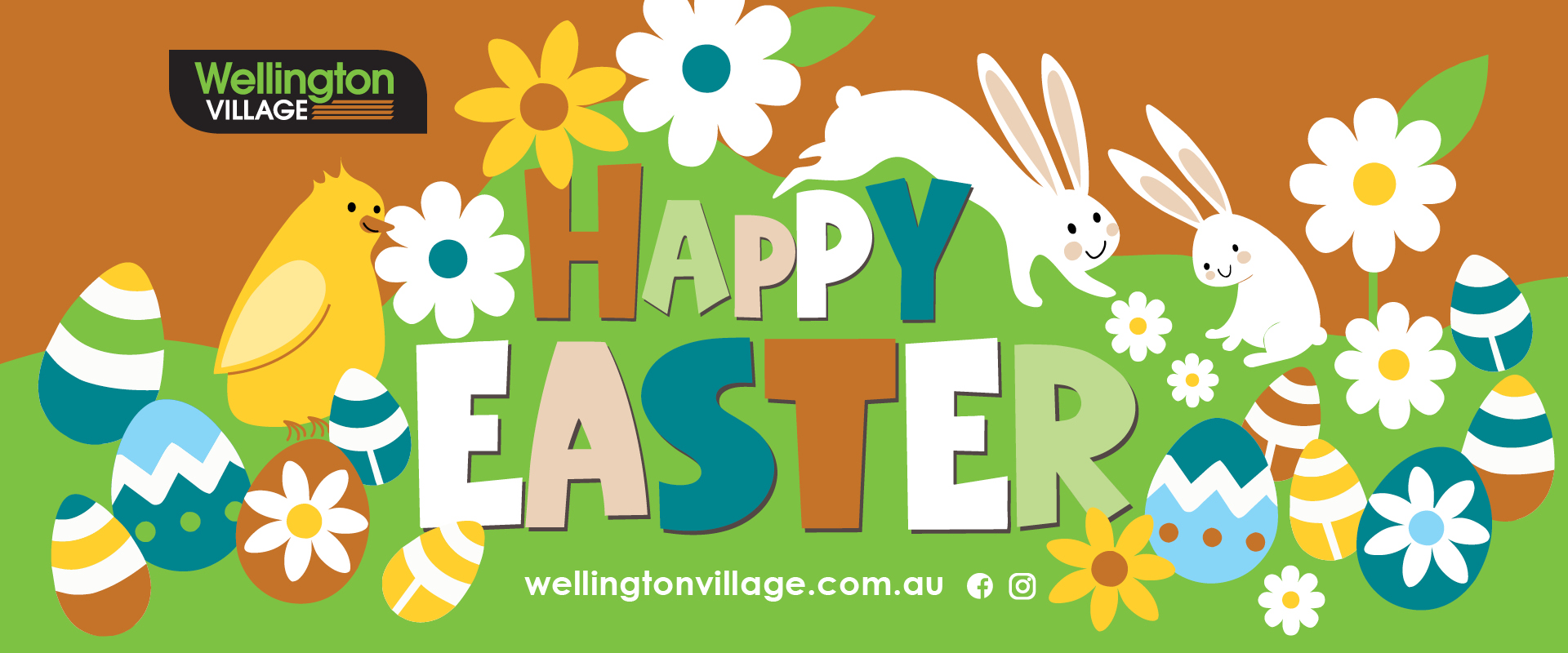 Happy Easter from Wellington Village - graphic of rabbits, flowers, Easter eggs and a chick