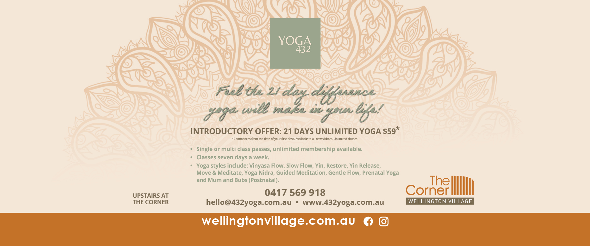 Ad for 432 Yoga at The Corner Wellington Village - tel: 0417 569 918