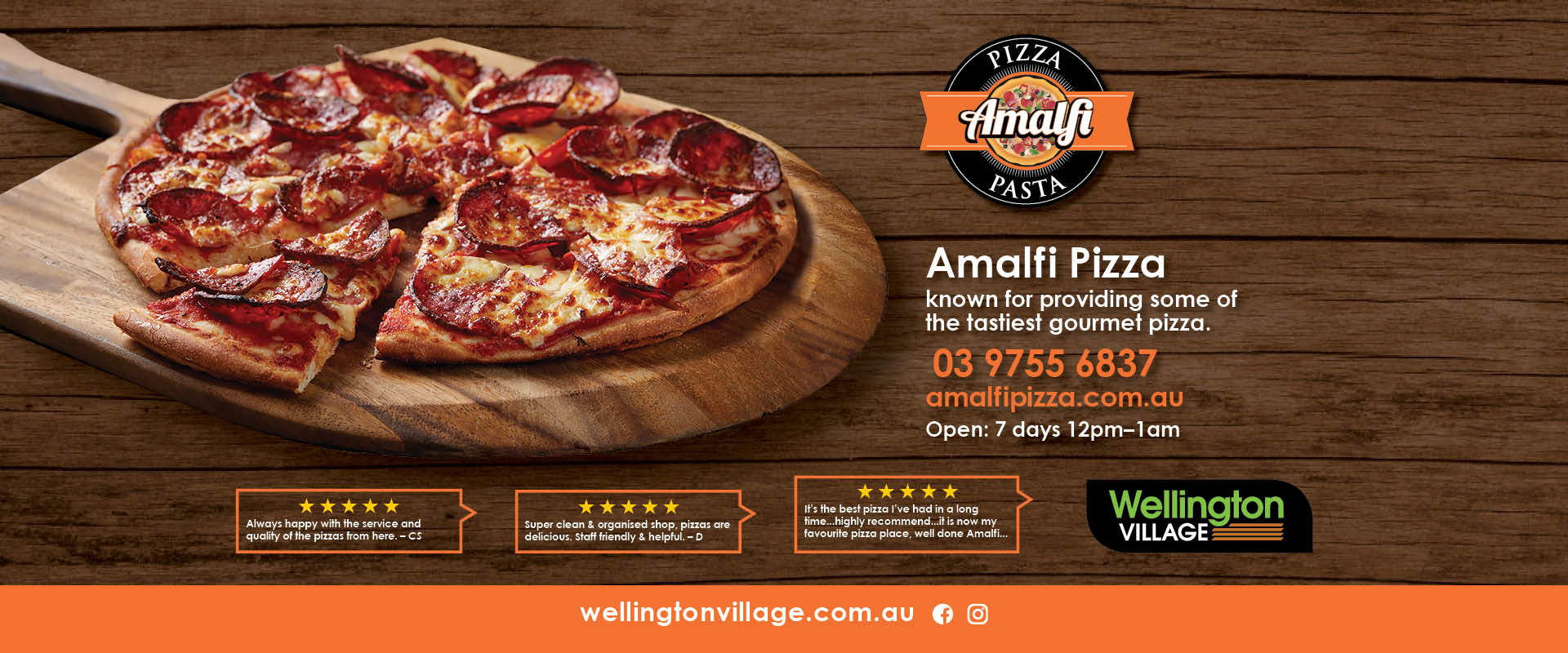 Promo for Amalfi Pizza & Pasta call 03 97556837 open 7 days 12 noon to 1am. For tasty gormet Pizzas