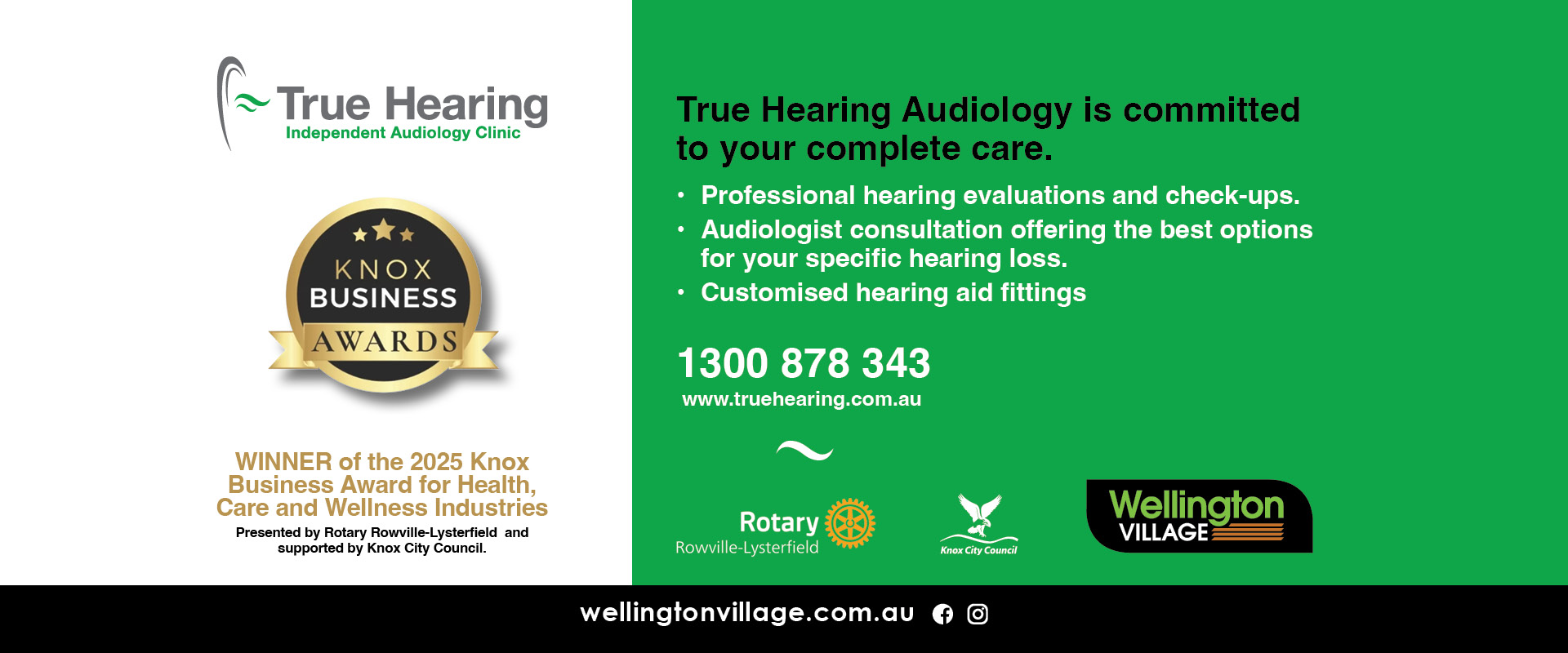 Promo graphic for True Hearing – Independent Audiology Clinic who have just won the 2025 Knox Business Award for Health, care and Wellness Industries. Tel: 1300 878 343 for appointment - hearing evaluations, consultations and hearing aid fittings.