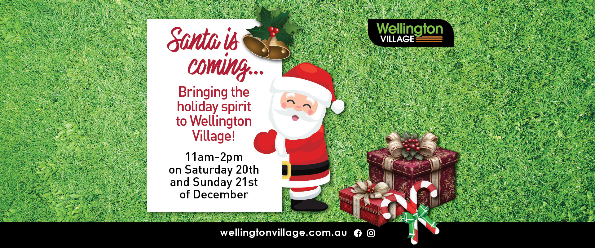 Promotional graphic for santa visiting wellington Village Shopping centre on sat 20th & sun 21st December 2025