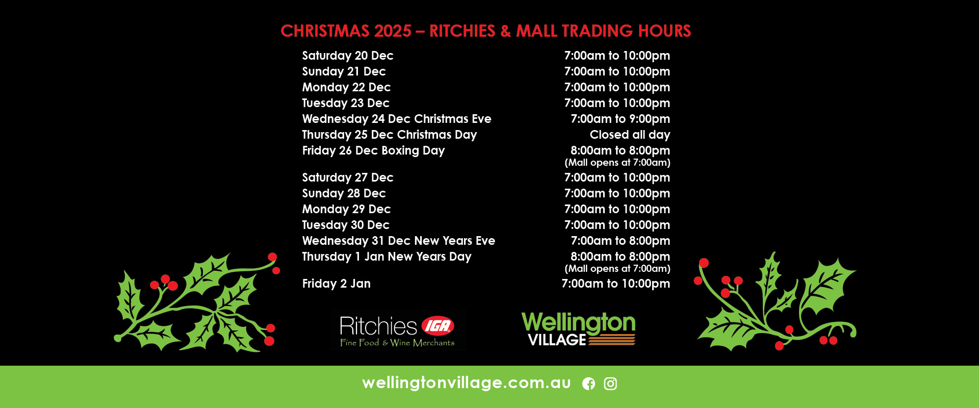 List of Ritcheis and Mall trading hours from 20 Dec 2025 to 2 Jan 2026
