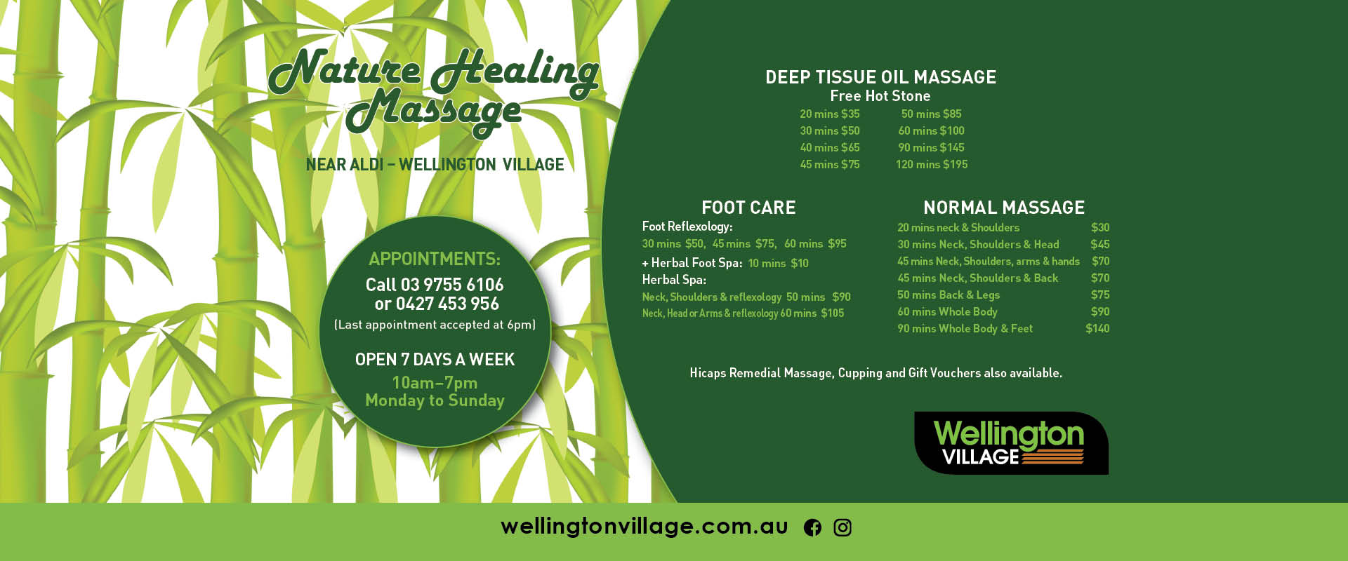 Promotion for Nature helaing Massage at Wellington Village shopping Centre