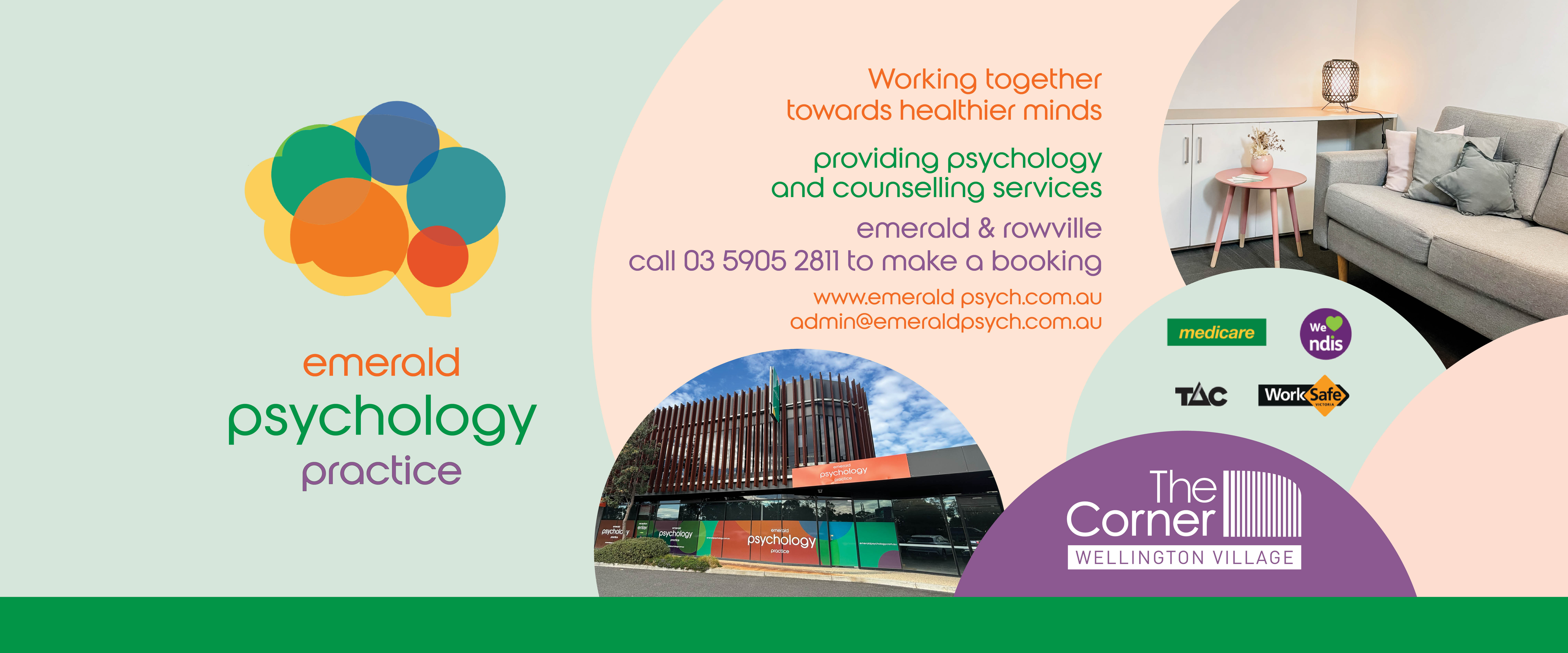 Ad doe Emerald Psychology at The COrner in ROwville, tel 03 5905 2811