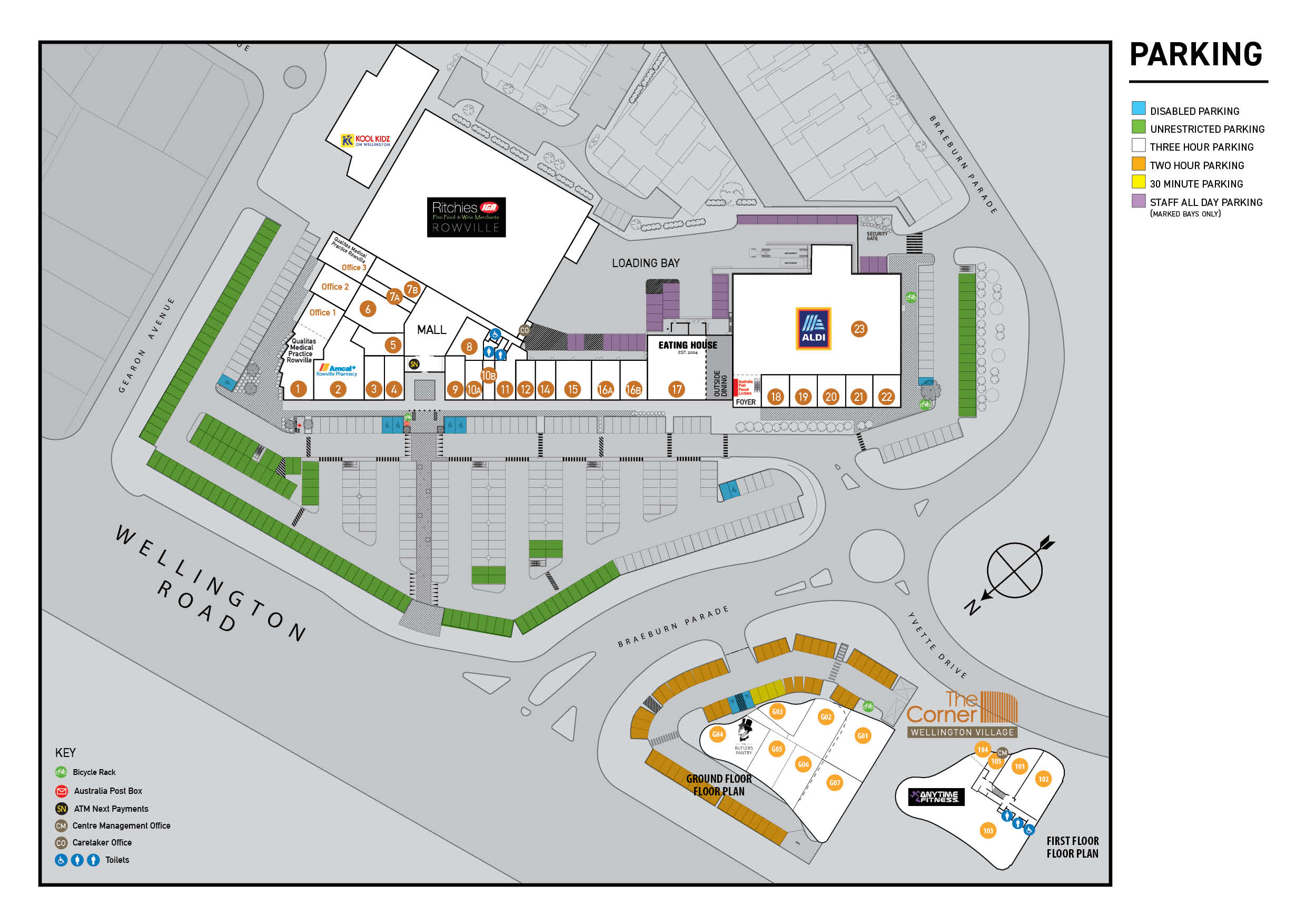 Car parking map of Wellington Village Shopping Centre with Accessible car spaces marked.