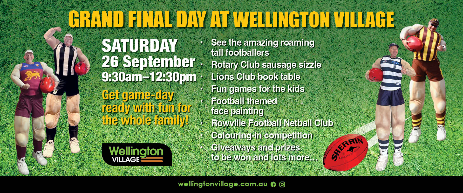 Promo for Grand final day at Wellington Village shopping centre Saturday 26 September 9:30am to 12:30pm